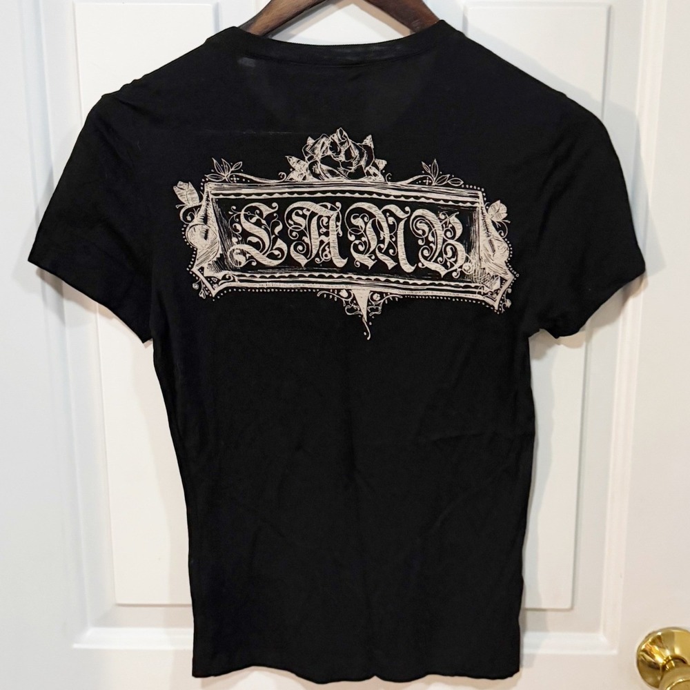L.A.M.B. Graphic Tee Womens Size Medium Black Gothic Logo Rayon Short Sleeve Top - Picture 8 of 11
